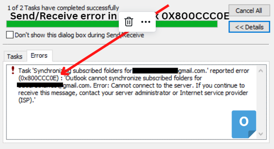 Send/Receive error in Outlook 0X800CCC0E